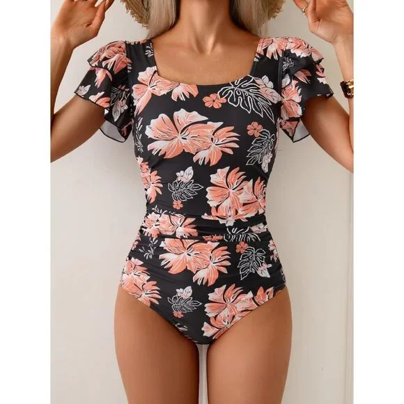 Womens Eomenie Black One Piece Tummy Control Swimsuit with Ruffle & Ruched Back - Picture 5 of 5